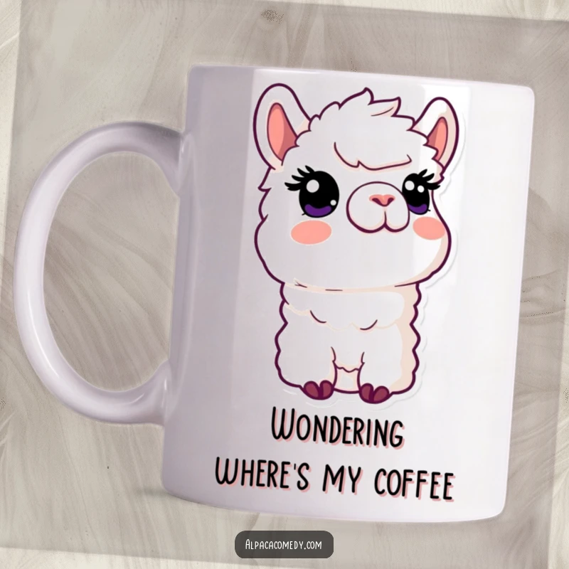 Funny Kawaii Alpaca Mug showing an alpaca with a curious expression looking upwards with intrigue, perfect for thoughtful moments.