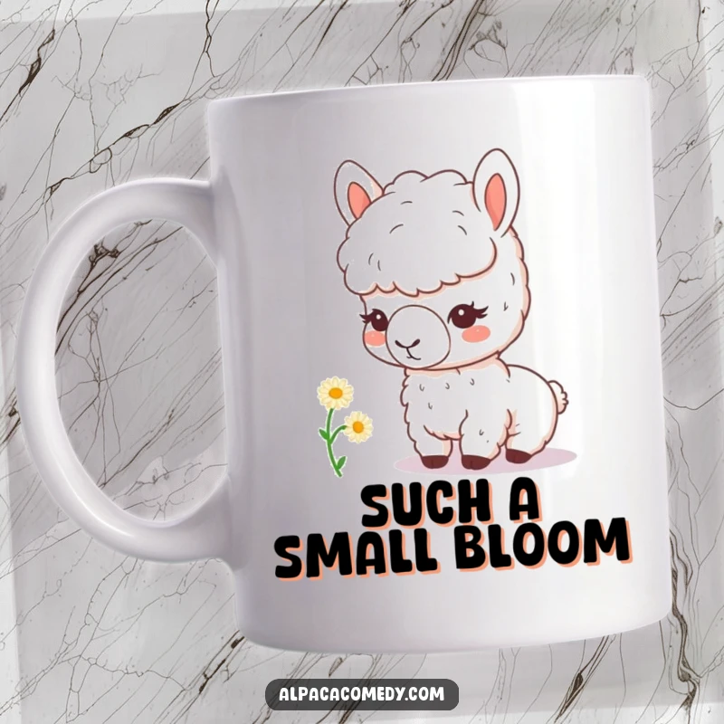 Funny kawaii alpaca with a magnifying glass curiously inspects a tiny daisy, showcasing its gentle and inquisitive nature on a ceramic mug.