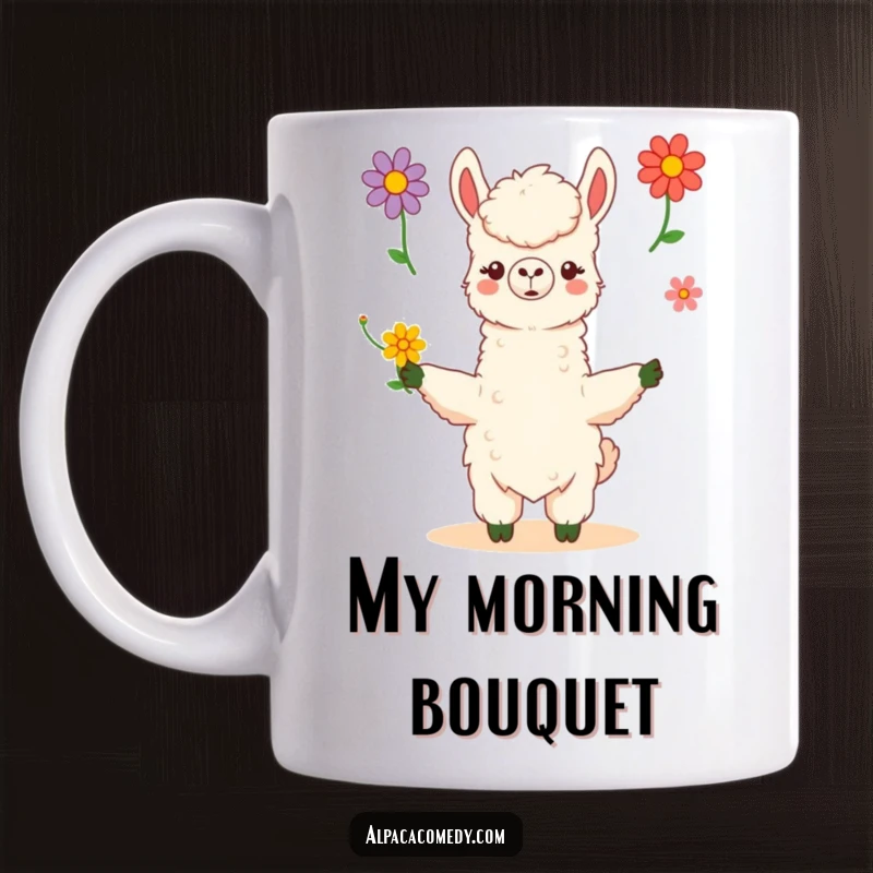 Funny kawaii alpaca skillfully juggles three vibrant flowers with poise and grace, showcasing its talent on this ceramic mug.