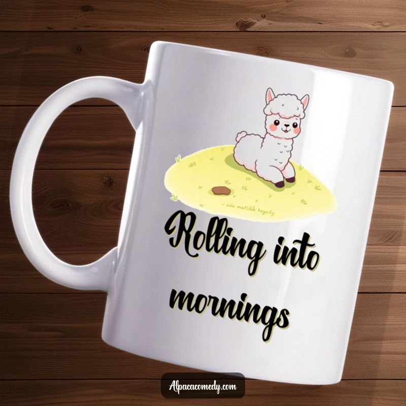 Funny kawaii alpaca gleefully slides down a gentle grassy hill, capturing a moment of pure, childlike joy on this ceramic mug.