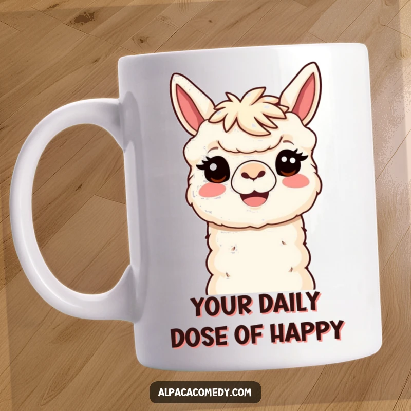 Funny Kawaii Alpaca Mug featuring a smiling alpaca with a head tilt, offering a huge, welcoming, and humorous greeting to everyone.