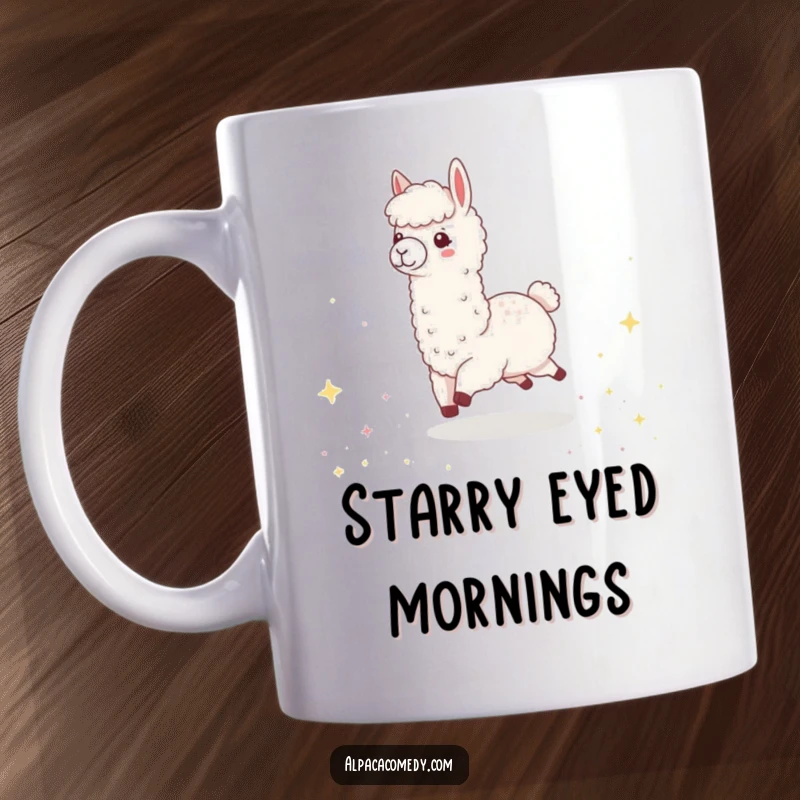 Funny Kawaii Alpaca Mug, showing a happy alpaca skipping joyfully through a field of sparkling, tiny stars.