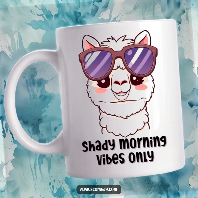 Funny Kawaii Alpaca Mug featuring a happy alpaca wearing oversized sunglasses, exuding a cool and chill vibe, perfect for a funny gift.