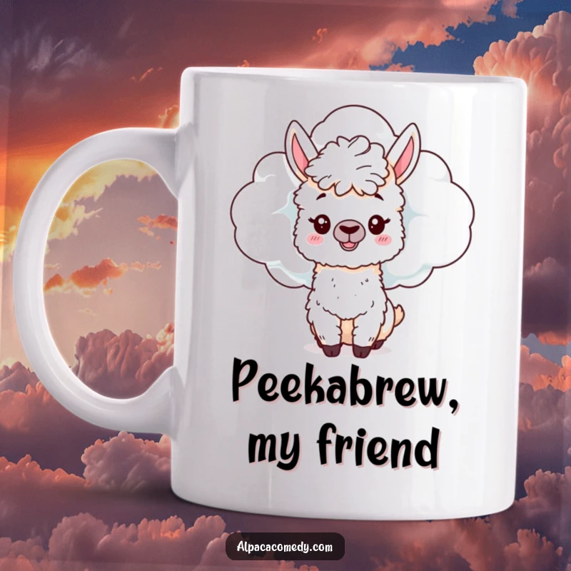 Funny Alpaca Mug: A mischievous alpaca playfully peeks from behind a large fluffy cloud, embodying hidden fun and curiosity.