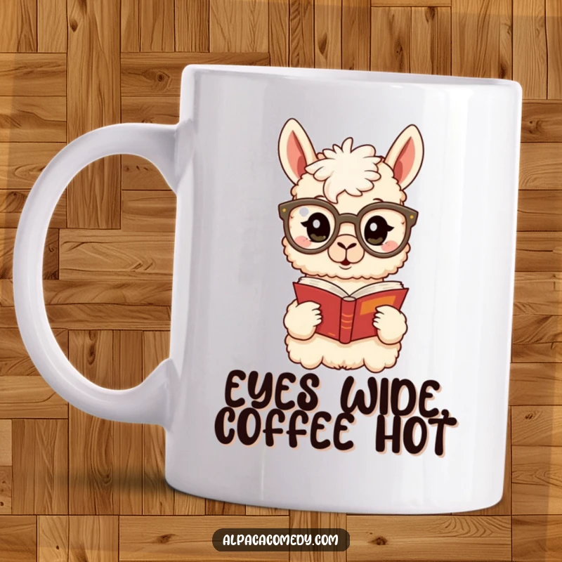 Funny Alpaca Mug: A surprised alpaca wearing huge glasses peers intently at a book, highlighting intellectual curiosity and humor.