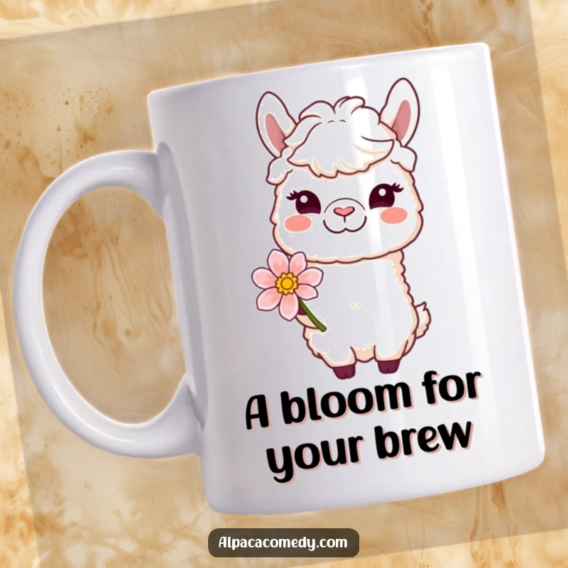 Funny mug featuring a winking alpaca character offering a delicate bloom with a soft, gentle smile, radiating warmth and kindness.