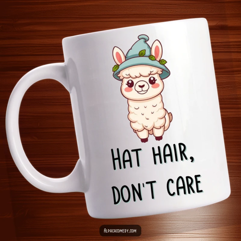 Funny kawaii alpaca wearing a tiny hat adorned with green leaves, exuding a gentle and stylish vibe on this ceramic mug.