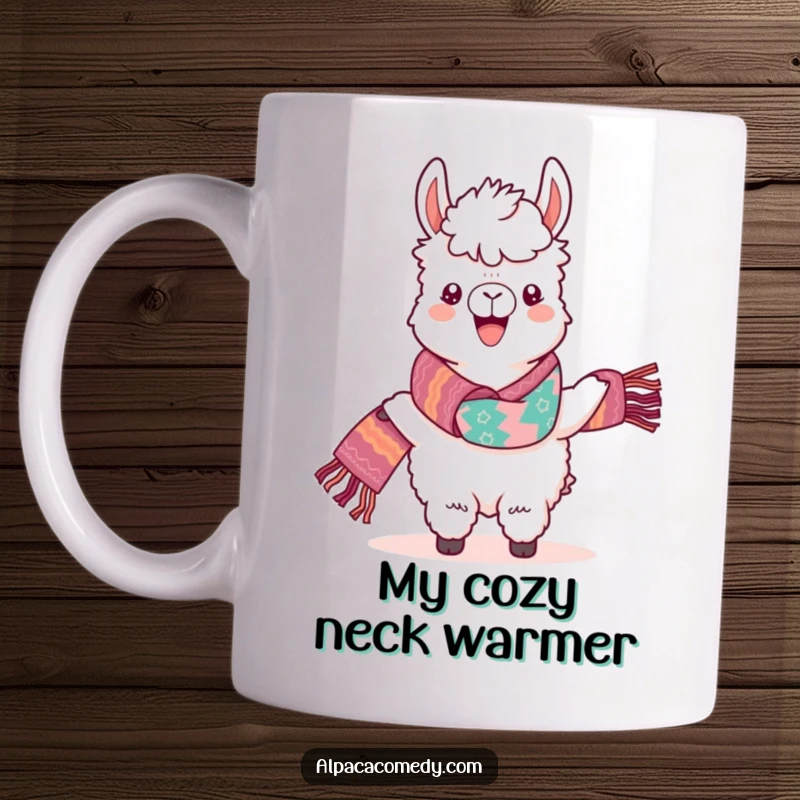 Funny Kawaii Alpaca Mug proudly displaying a brightly colored woven scarf, radiating joy and fashion-forward pride.