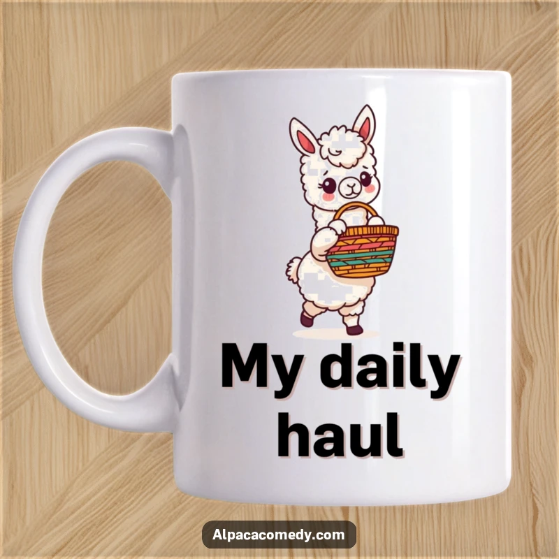 Funny mug featuring a cheerful alpaca character with big eyes holding a brightly colored, intricately woven basket, ready for an adventure.