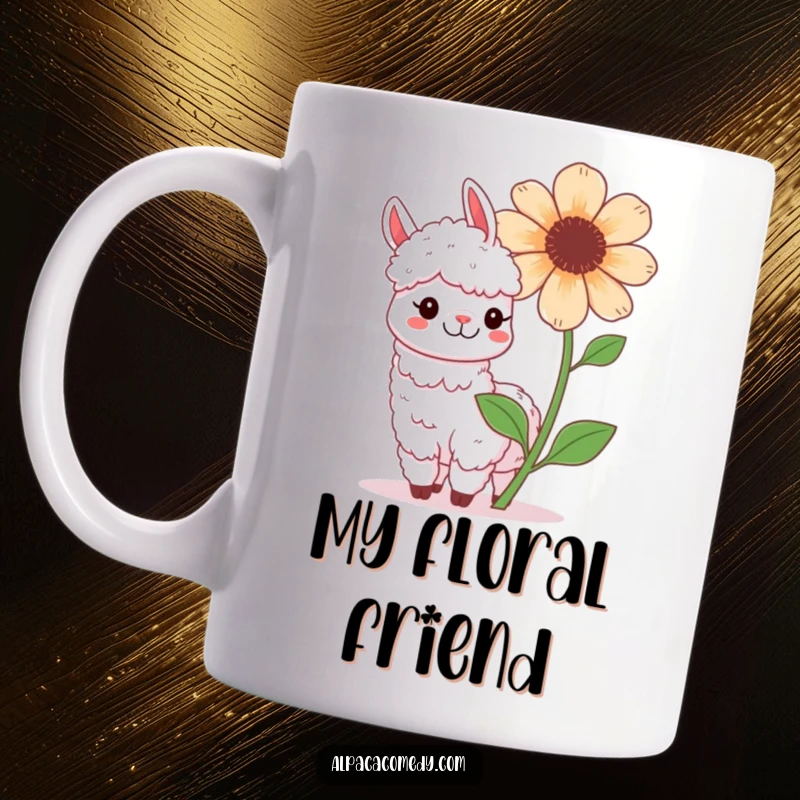 Funny Kawaii Alpaca Mug, with a happy alpaca playfully posing beside a large, blooming flower with a wide grin.