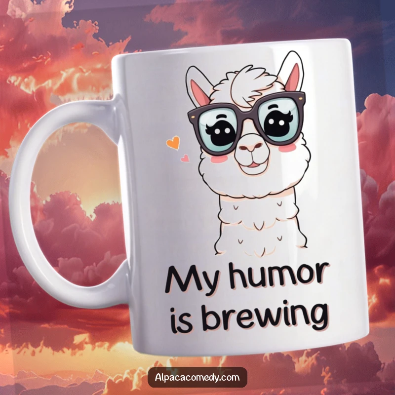 Funny Alpaca Mug: An alpaca wearing oversized comedy glasses, winking playfully while telling a joke, radiating humorous charm.