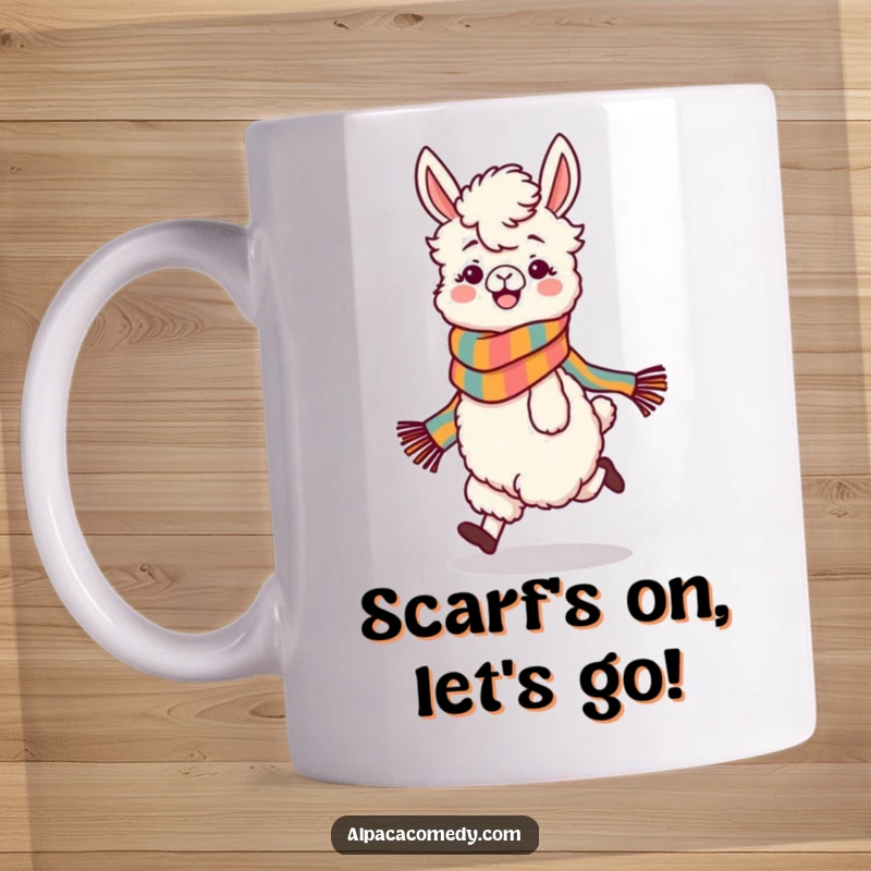 Funny mug featuring a playful alpaca character wearing a colorful scarf, skipping happily with pure glee and infectious energy.