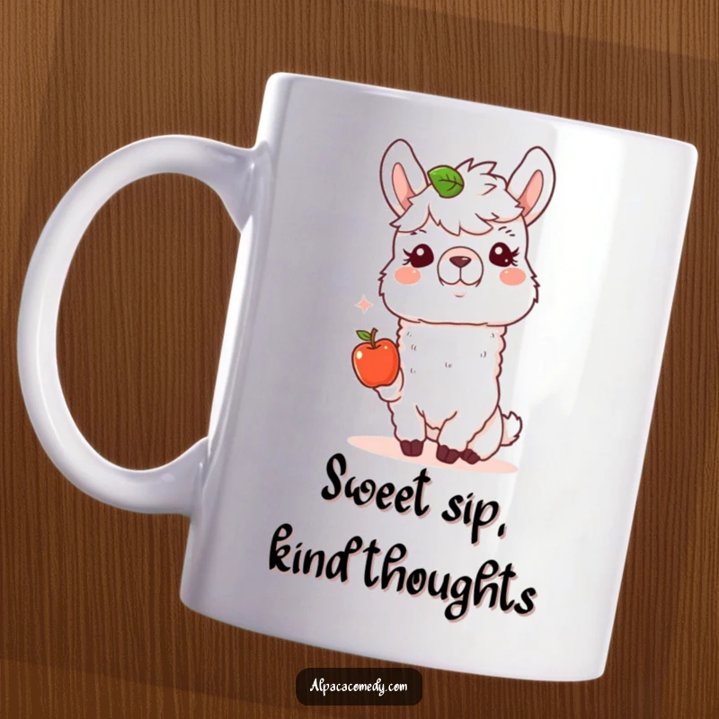 Funny Alpaca Mug: A happy alpaca offers a tiny apple with a kind expression, radiating warmth and generosity.