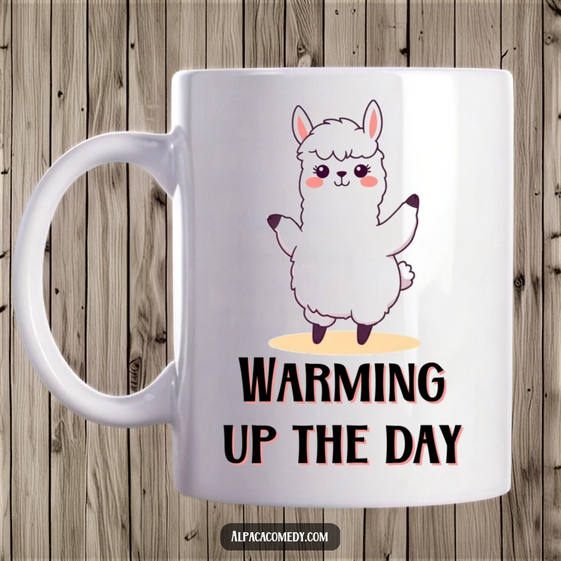 Funny kawaii alpaca performing a silly, swaying dance with happy abandon, radiating pure joy on this ceramic mug.