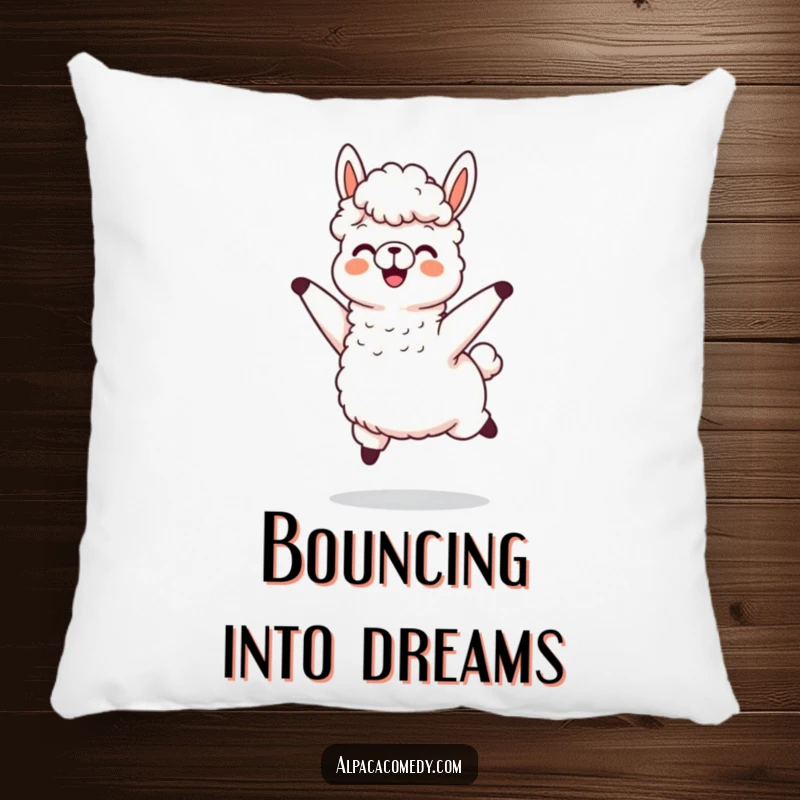 Funny throw pillow featuring an alpaca character jumping with joy, its wool flying playfully, perfect for a cheerful and cozy home.