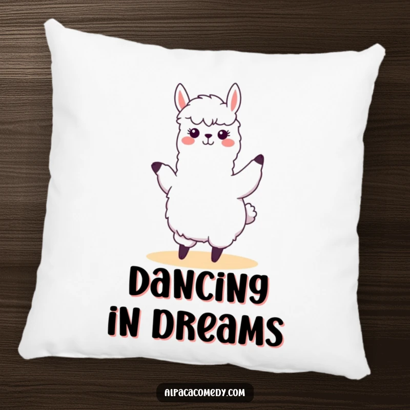 Funny kawaii alpaca performing a silly, swaying dance with joyful energy, printed on a soft pillow, bringing dance-themed humor.