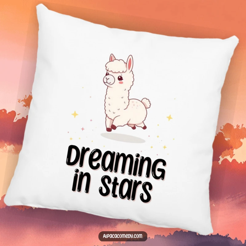 Funny Kawaii Alpaca Pillow, depicting a cute alpaca happily skipping through a field of sparkling, tiny stars.