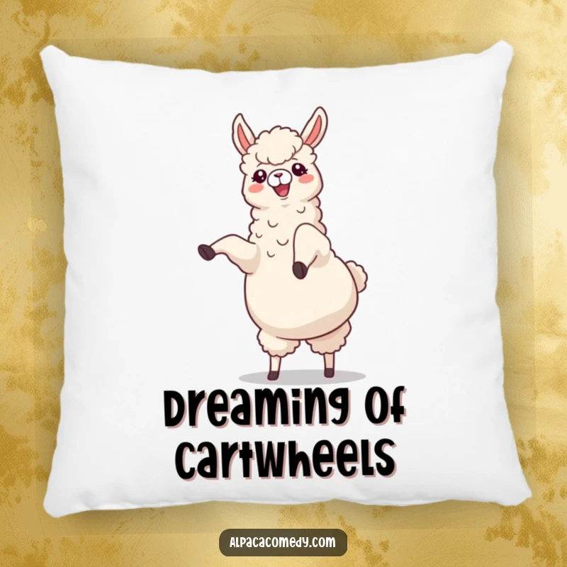 Funny Alpaca Pillow: A cheerful alpaca in a joyful cartwheel pose with legs kicking upwards, offering cozy and humorous decor.