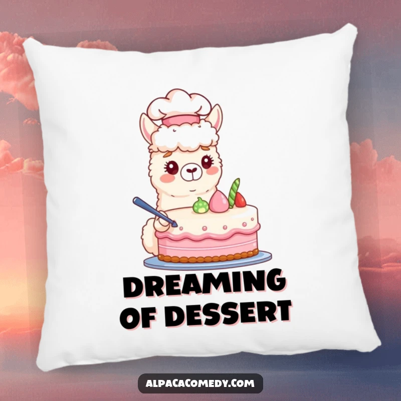 Funny pillow featuring a charming alpaca chef hat character diligently decorating a pastel cake, perfect for a cozy touch.