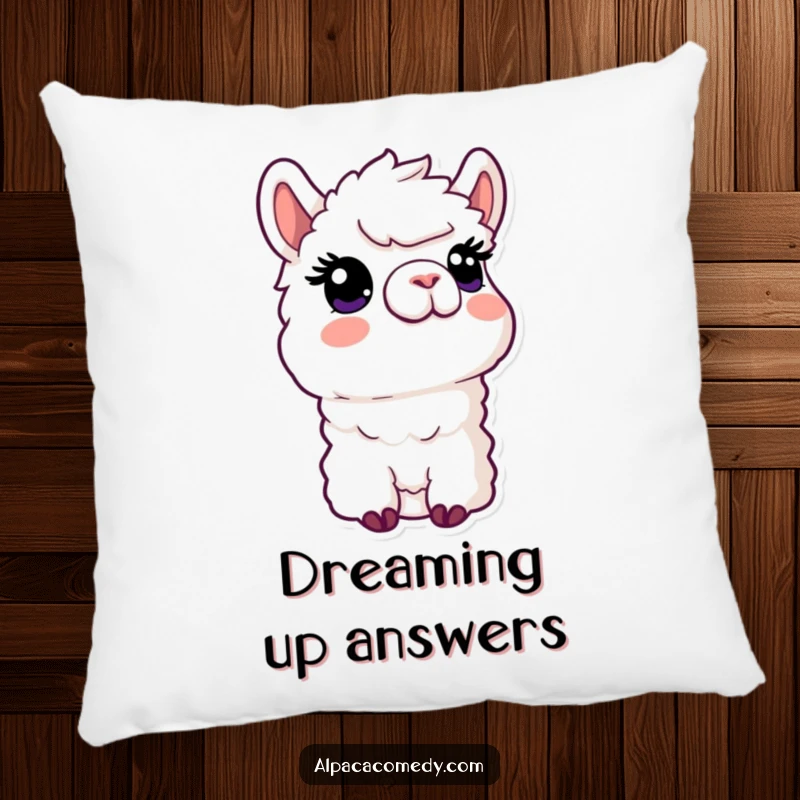 Funny Kawaii Alpaca Pillow featuring an alpaca with a curious expression looking upwards, designed for cozy comfort and humor.