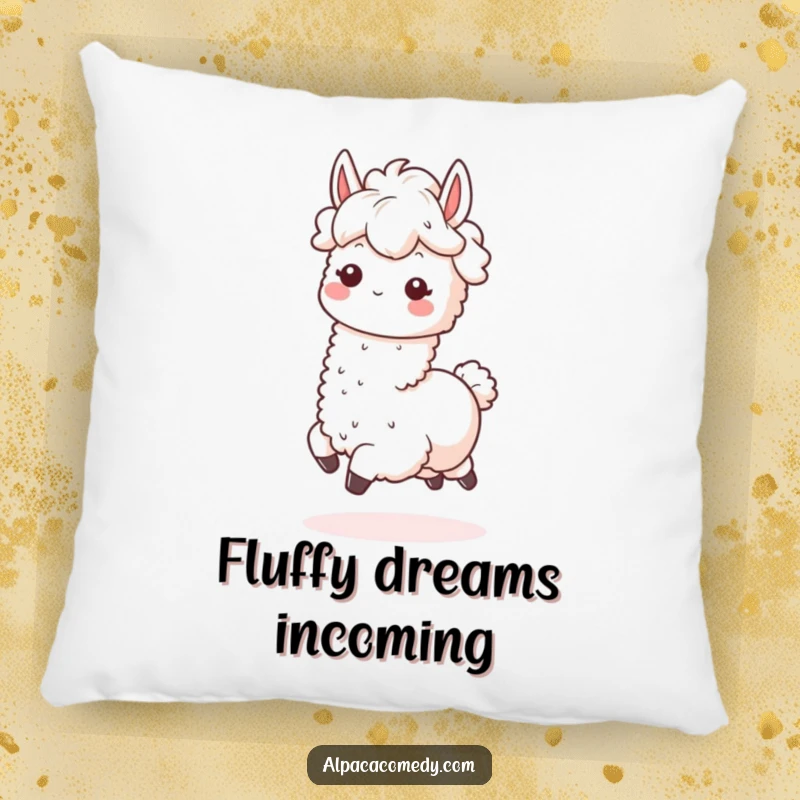 Funny Kawaii Alpaca Pillow showcasing a fluffy-maned alpaca happily prancing, designed for cozy comfort and humorous charm.