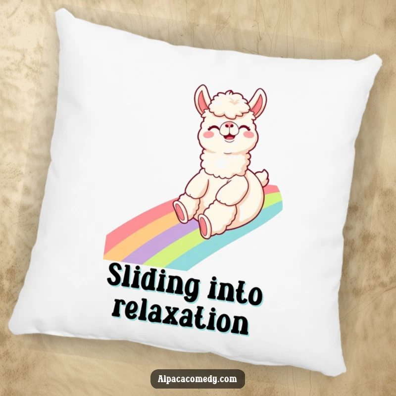 Funny Alpaca Pillow: A giggling alpaca slides down a rainbow with excitement, perfect for cozying up with humorous delight.
