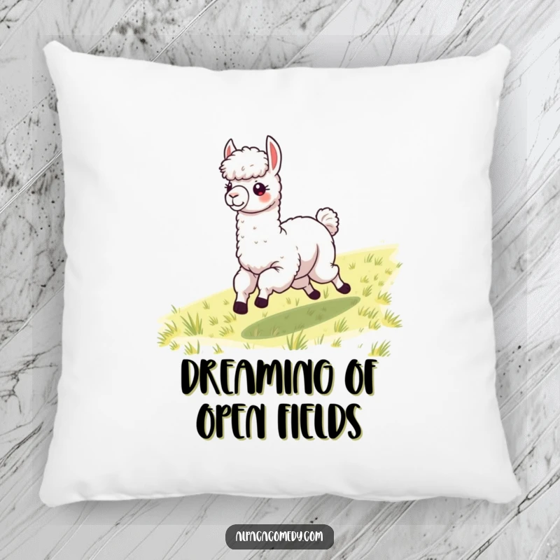 Funny alpaca with windblown fleece galloping along, depicted on a soft pillow for a humorous and cozy touch.