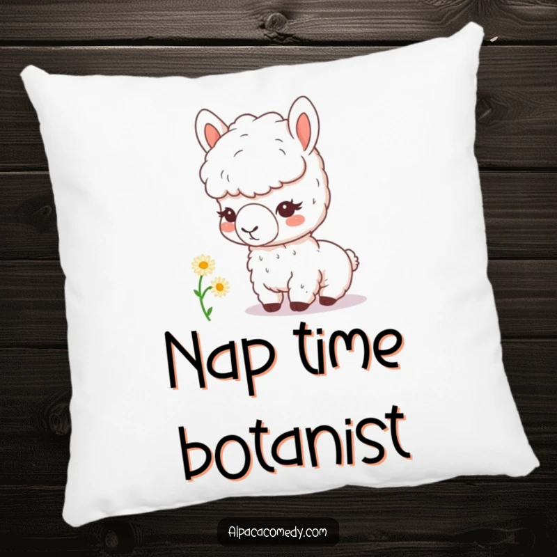 Funny kawaii alpaca with a magnifying glass curiously inspects a tiny daisy, printed on a soft pillow, perfect for adding cute humor.