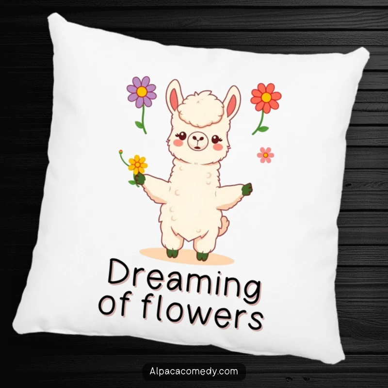 Funny kawaii alpaca skillfully juggles three vibrant flowers with poise and grace, printed on a soft pillow, adding artistic humor.