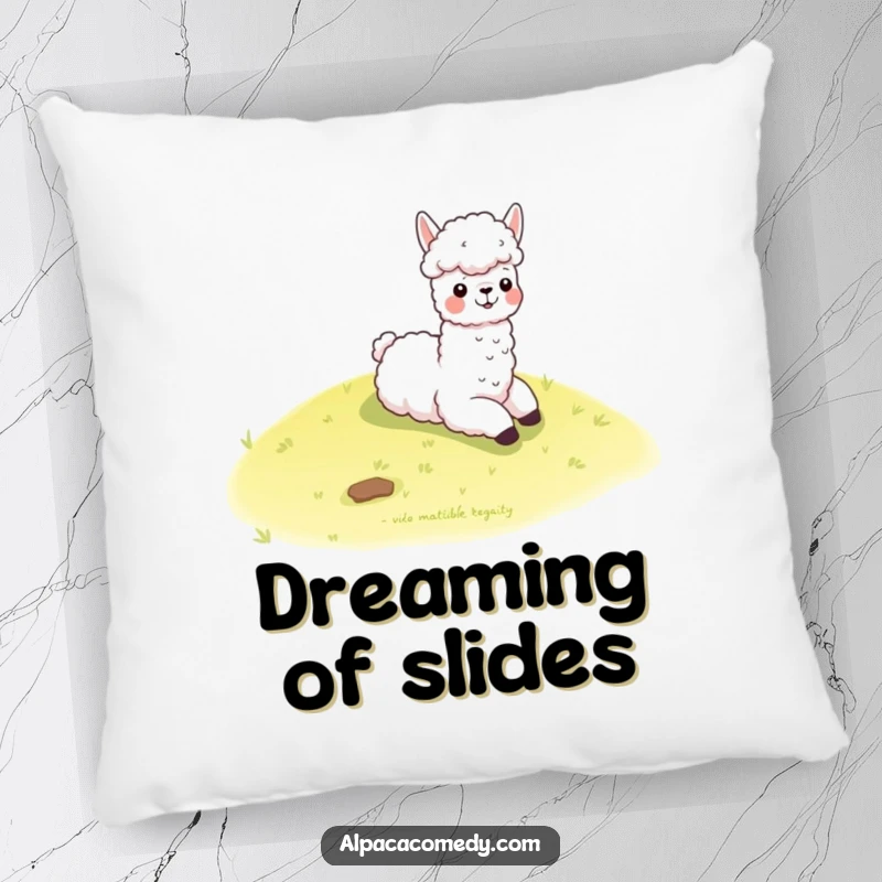 Funny kawaii alpaca joyfully slides down a gentle grassy hill, printed on a soft pillow, bringing cozy humor to any room.