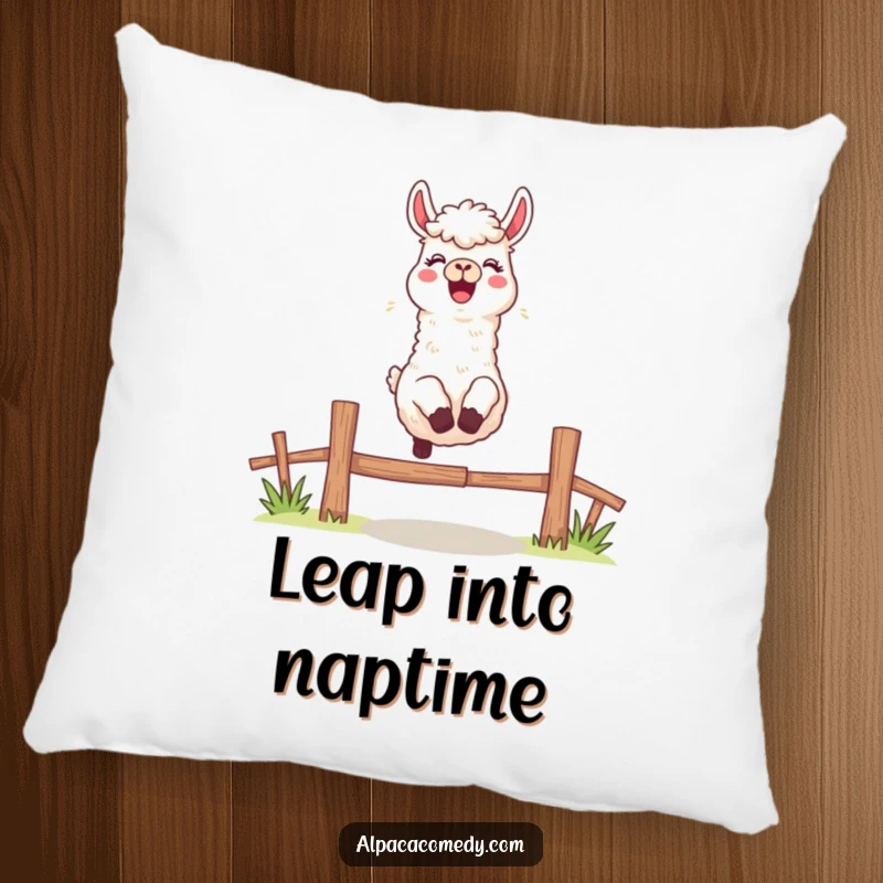 Funny pillow featuring an excited alpaca character leaping over a fence with a cheerful bleat, adding comfort and playful charm.