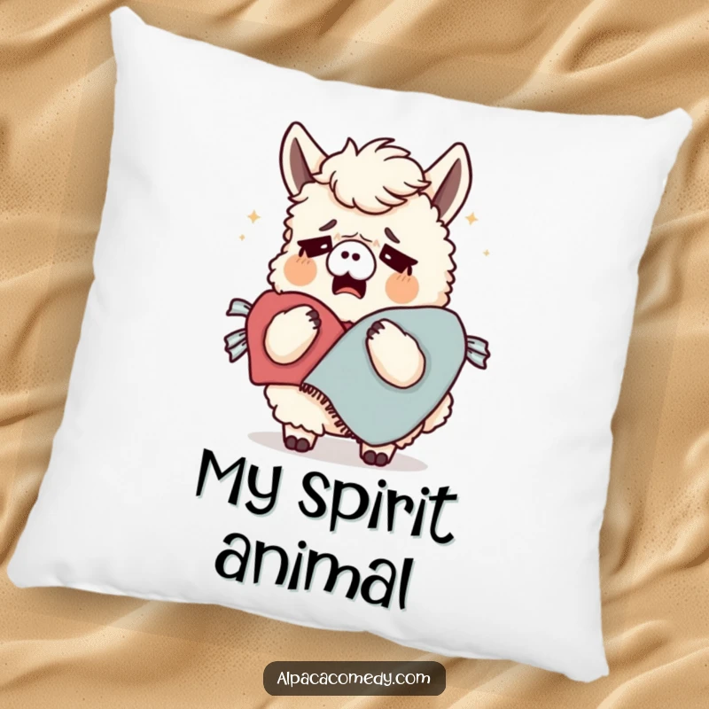Funny pillow featuring a tired alpaca yawning widely, snuggled with a cozy blanket, providing maximum comfort and a humorous touch.