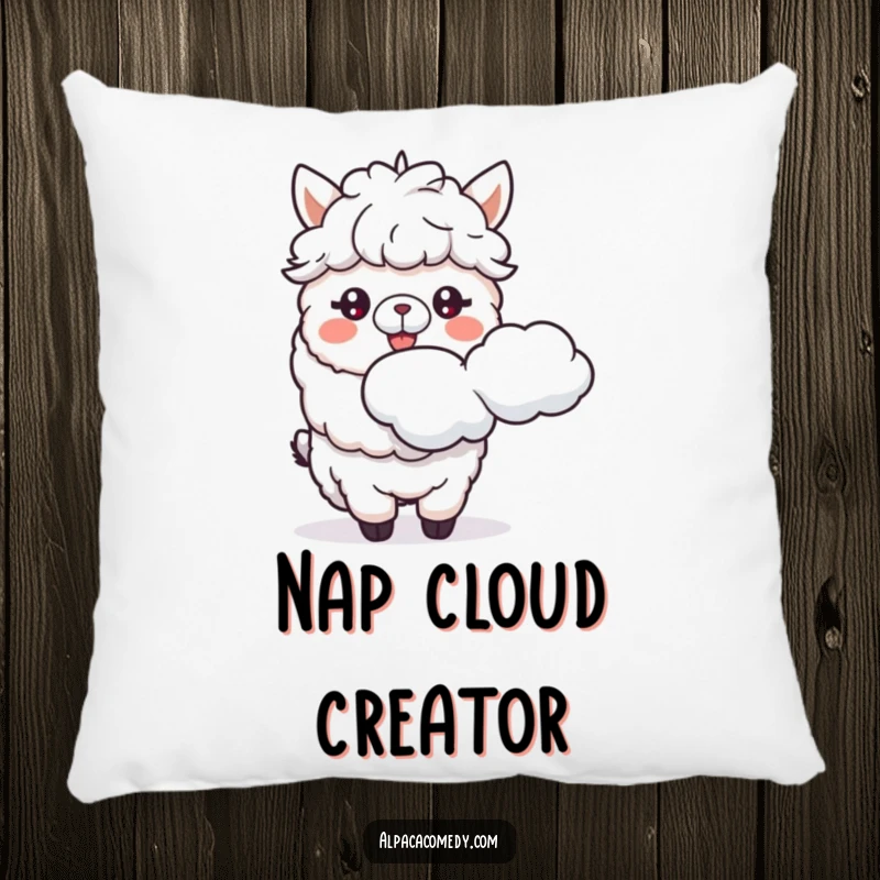 Funny pillow featuring a content alpaca spitting a fluffy cloud, offering plush comfort and a dose of lighthearted fun.