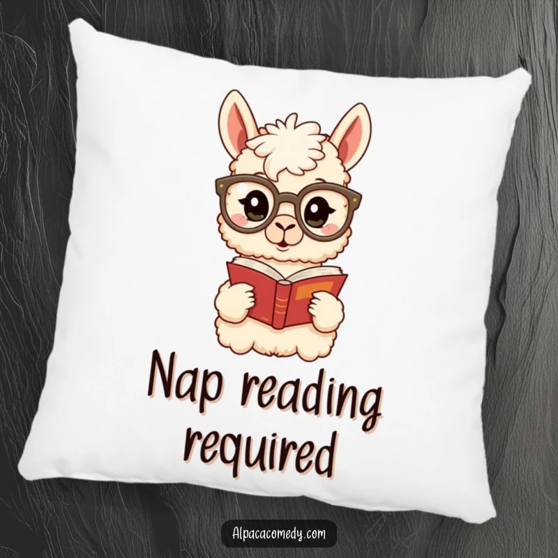 Funny Alpaca Pillow: A surprised alpaca in large glasses reads a book, providing charming comfort and intellectual amusement.
