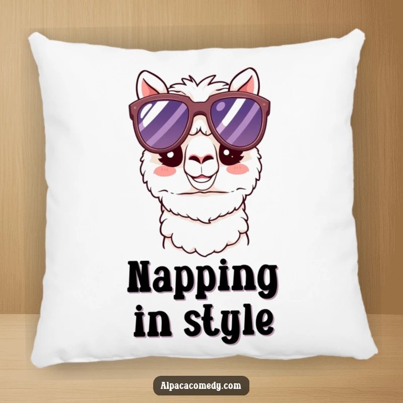 Funny Kawaii Alpaca Pillow featuring a happy alpaca in cool oversized sunglasses, offering plush comfort and a humorous, stylish accent.