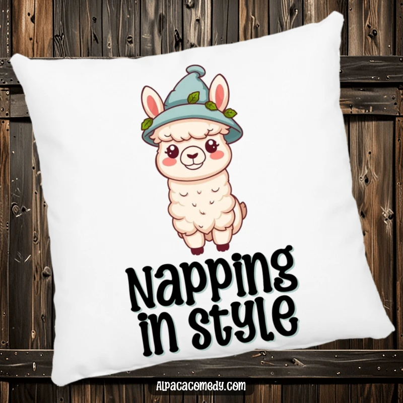 Funny kawaii alpaca wearing a tiny hat adorned with green leaves, printed on a soft pillow, adding stylish humor.