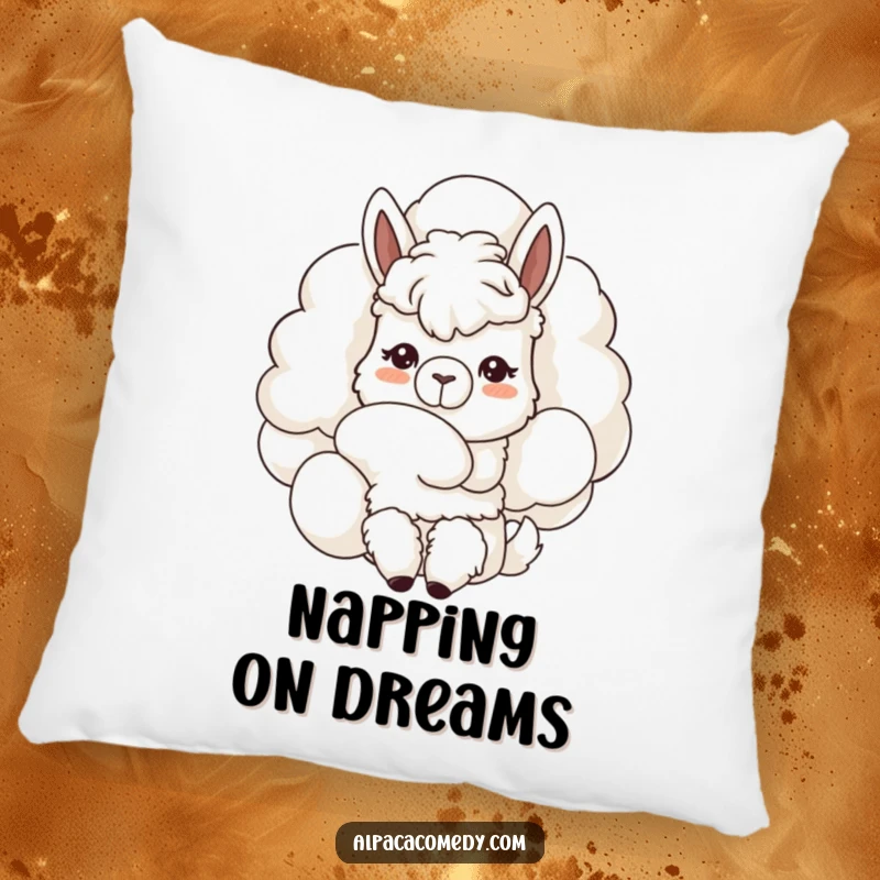 Funny Kawaii alpaca pillow, nuzzling a giant fluffy cloud, gentle expression conveying dreaminess and soft comfort for relaxation.