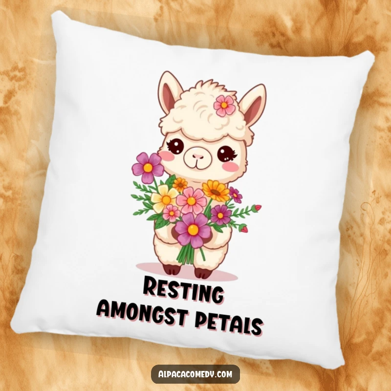 Funny smiling alpaca presenting a bouquet of vibrant flowers, depicted on a soft pillow for a humorous and delightful touch.