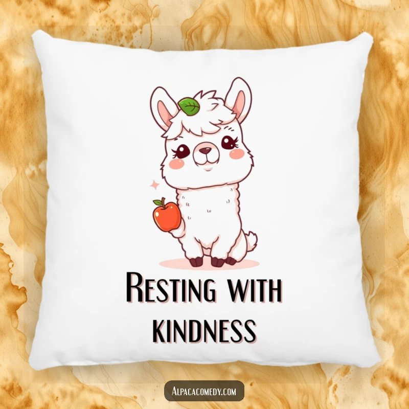 Funny Alpaca Pillow: A happy alpaca offers a tiny apple with a kind expression, providing cozy comfort and heartwarming vibes.