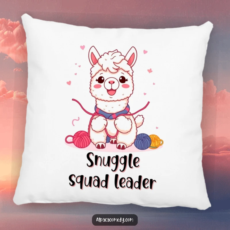 Funny Kawaii alpaca pillow, showing friends sharing yarn, warm smile uniting them, designed for comfort and celebrating connection.