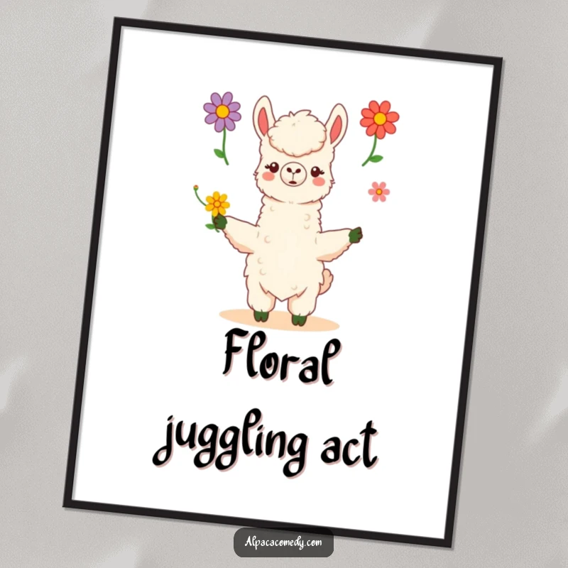 Funny kawaii alpaca skillfully juggles three vibrant flowers with poise and grace, creating a captivating and humorous digital art print.