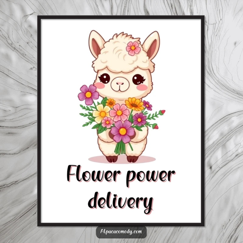 Funny smiling alpaca proudly presenting a bouquet of vibrant flowers, offered as a digital art print for humorous decor.