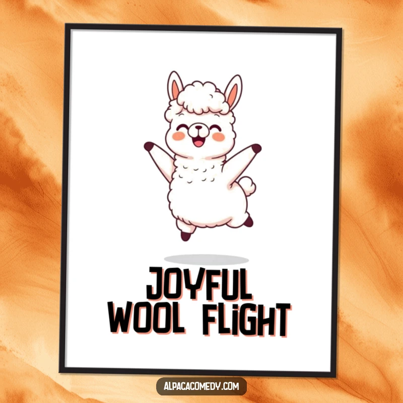 Funny digital art print of an alpaca character joyfully jumping, its wool flying dynamically, symbolizing freedom and energetic fun.