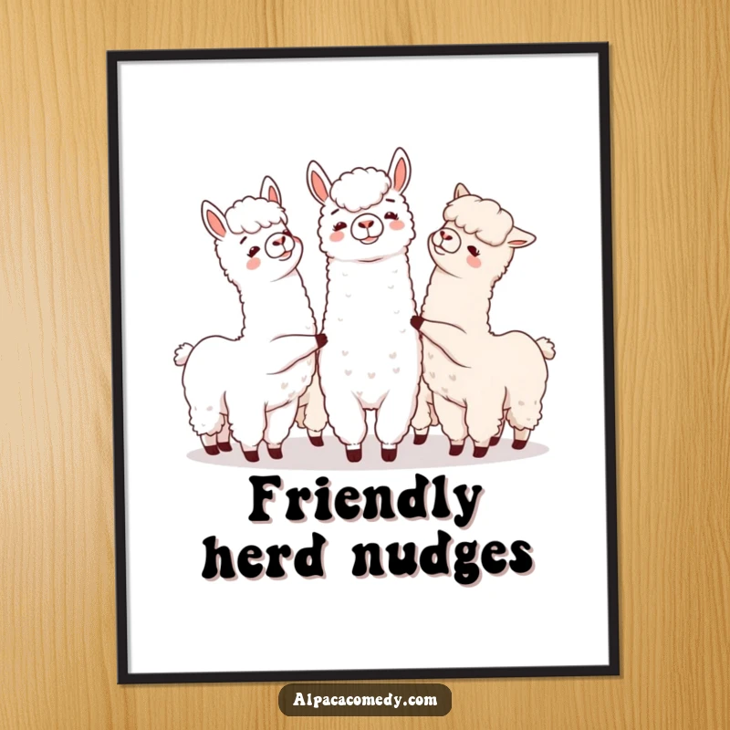 Funny digital art print of a group of alpacas playfully nudging each other, symbolizing friendship and sweet interactions.