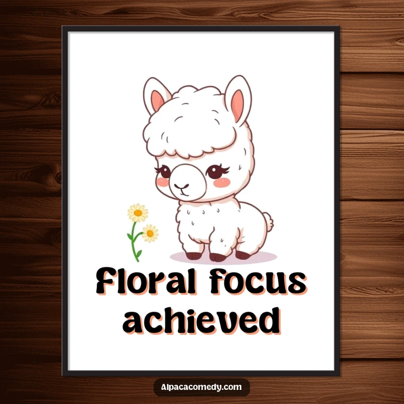 Funny kawaii alpaca with a magnifying glass curiously inspects a tiny daisy, creating a heartwarming and humorous digital art print.