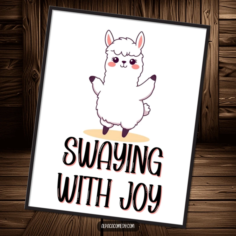 Funny kawaii alpaca performing a silly, swaying dance with happy abandon, creating a joyful and humorous digital art print.