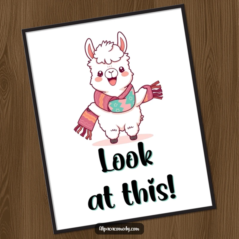 Funny Kawaii Alpaca Digital Art Print, featuring a cheerful alpaca proudly showcasing a colorful, woven scarf.
