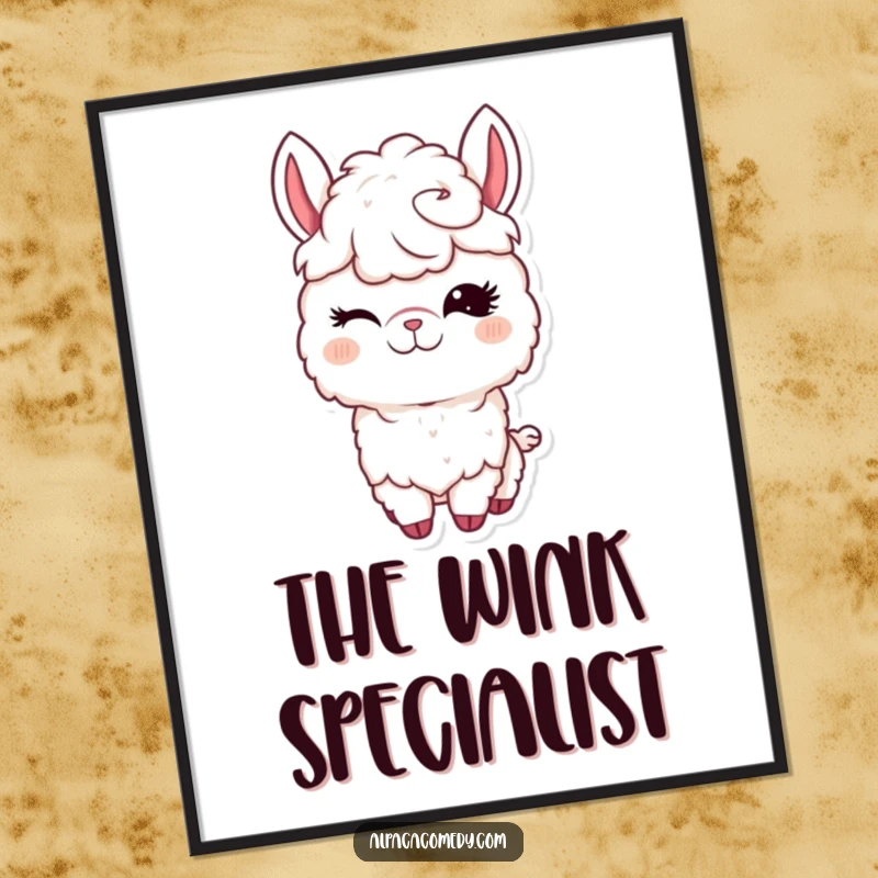 Funny Kawaii Alpaca Digital Art Print of a cute alpaca winking with long eyelashes, perfect for charming, humorous wall decor.