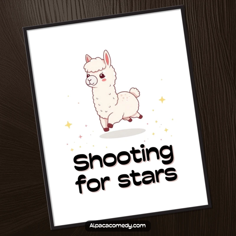Funny Kawaii Alpaca Digital Art Print, showing a cute alpaca happily skipping through a field of sparkling, tiny stars.