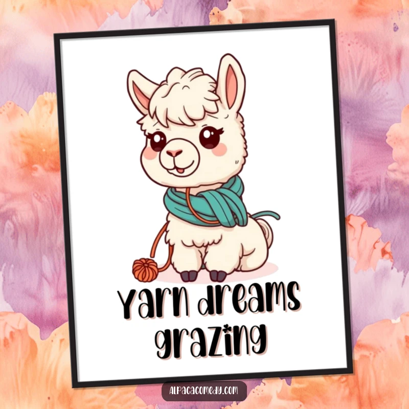 Funny digital art print of a kawaii alpaca humorously tangled in yarn while grazing, perfect for charming wall decor.